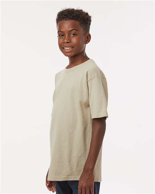 M&O 4850 Youth Gold Soft Touch T-Shirt - Sand - model side