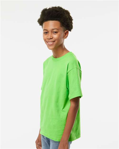 M&O 4850 Youth Gold Soft Touch T-Shirt - Vivid Lime - model side
