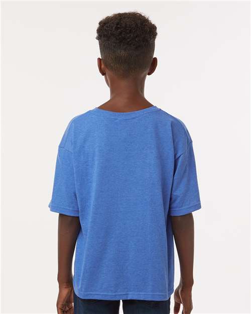 M&O 4850 Youth Gold Soft Touch T-Shirt - Heather Royal - model back