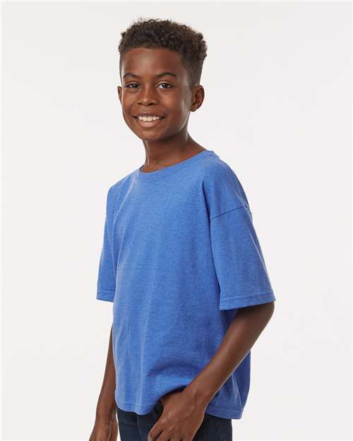 M&O 4850 Youth Gold Soft Touch T-Shirt - Heather Royal - model side
