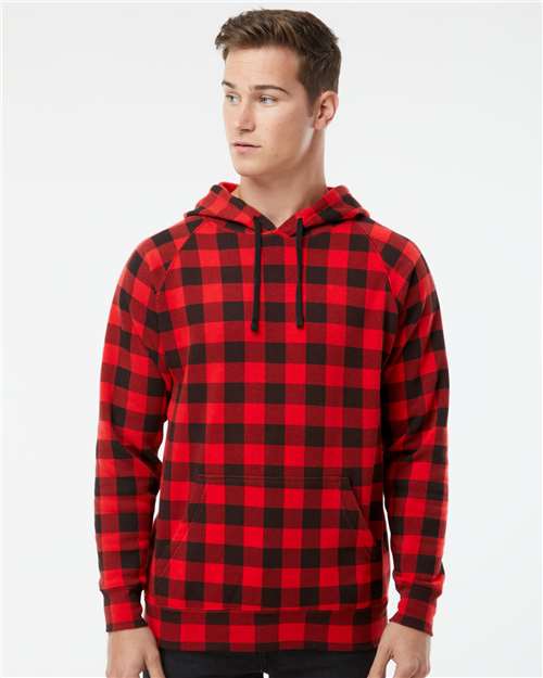 Independent Trading Co. PRM33SBP Unisex Special Blend Raglan Hooded Sweatshirt - Red Buffalo Plaid - model front