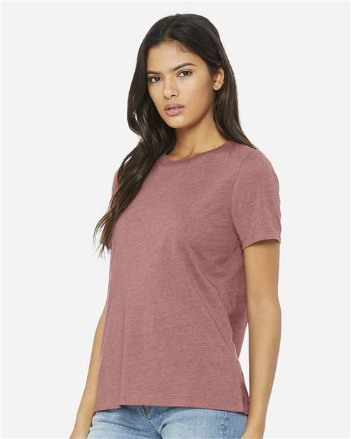 BELLA + CANVAS 6400CVC Women’s Relaxed Fit Heather CVC Tee - Heather Mauve - model side