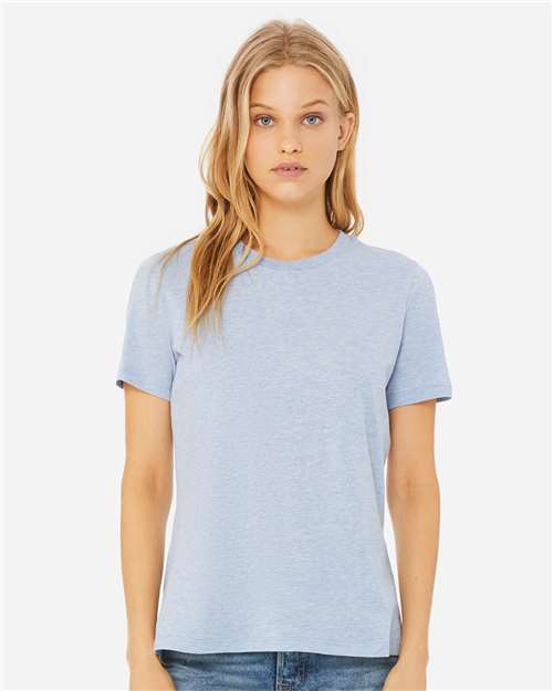 BELLA + CANVAS 6400CVC Women’s Relaxed Fit Heather CVC Tee - Heather Prism Blue - model front