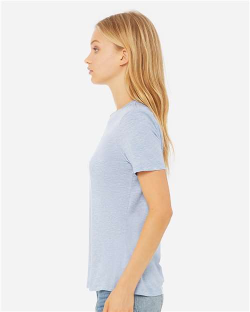 BELLA + CANVAS 6400CVC Women’s Relaxed Fit Heather CVC Tee - Heather Prism Blue - model side