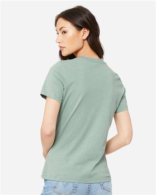 BELLA + CANVAS 6400CVC Women’s Relaxed Fit Heather CVC Tee - Heather Prism Dusty Blue - model back