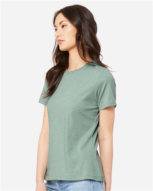 BELLA + CANVAS 6400CVC Women’s Relaxed Fit Heather CVC Tee - Heather Prism Dusty Blue - model side
