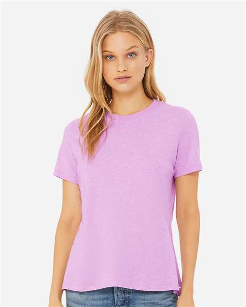 BELLA + CANVAS 6400CVC Women’s Relaxed Fit Heather CVC Tee - Heather Prism Lilac - model front
