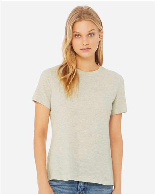 BELLA + CANVAS 6400CVC Women’s Relaxed Fit Heather CVC Tee - Heather Prism Natural - model front