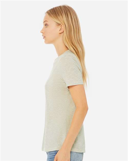 BELLA + CANVAS 6400CVC Women’s Relaxed Fit Heather CVC Tee - Heather Prism Natural - model side