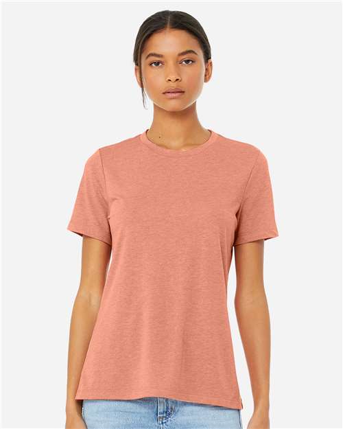 BELLA + CANVAS 6400CVC Women’s Relaxed Fit Heather CVC Tee - Heather Sunset - model front
