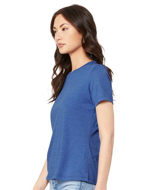 BELLA + CANVAS 6400CVC Women’s Relaxed Fit Heather CVC Tee - Heather True Royal - model side