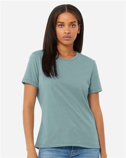 BELLA + CANVAS 6400CVC Women’s Relaxed Fit Heather CVC Tee - Heather Blue Lagoon - model front