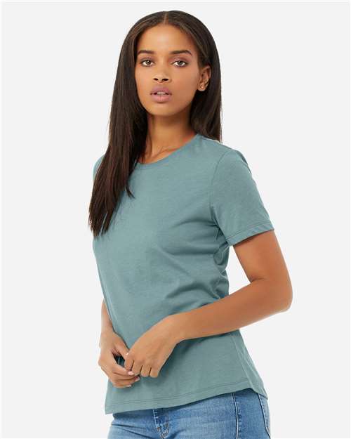BELLA + CANVAS 6400CVC Women’s Relaxed Fit Heather CVC Tee - Heather Blue Lagoon - model side
