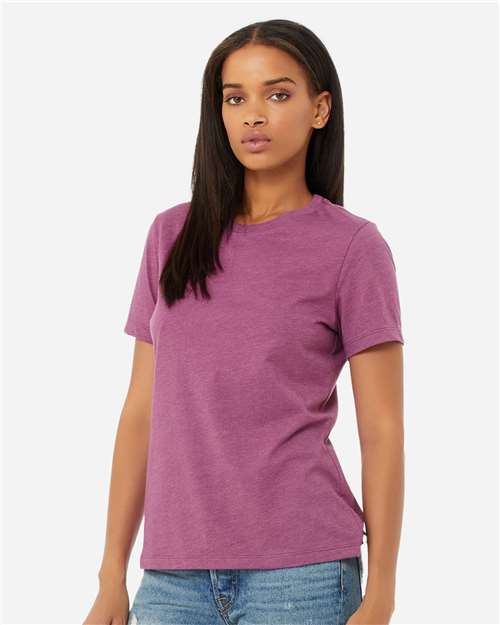 BELLA + CANVAS 6400CVC Women’s Relaxed Fit Heather CVC Tee - Heather Magenta - model side