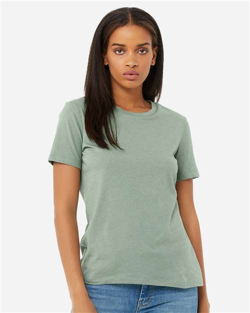 BELLA + CANVAS 6400CVC Women’s Relaxed Fit Heather CVC Tee - Heather Sage - model front