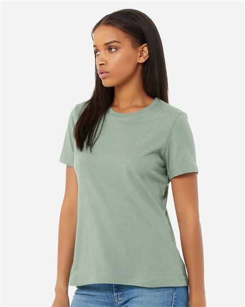 BELLA + CANVAS 6400CVC Women’s Relaxed Fit Heather CVC Tee - Heather Sage - model side