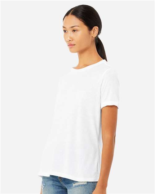BELLA + CANVAS 6413 Women’s Relaxed Fit Triblend Tee - Solid White Triblend - model side