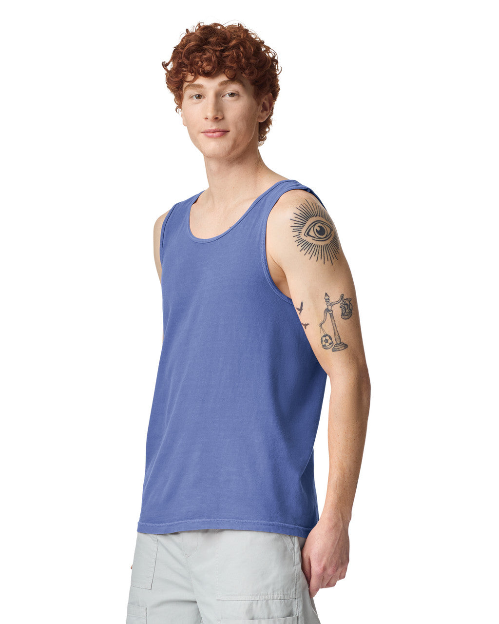 Comfort Colors 9360 Unisex Garment-Dyed Heavyweight Tank Top - Flo Blue - model side