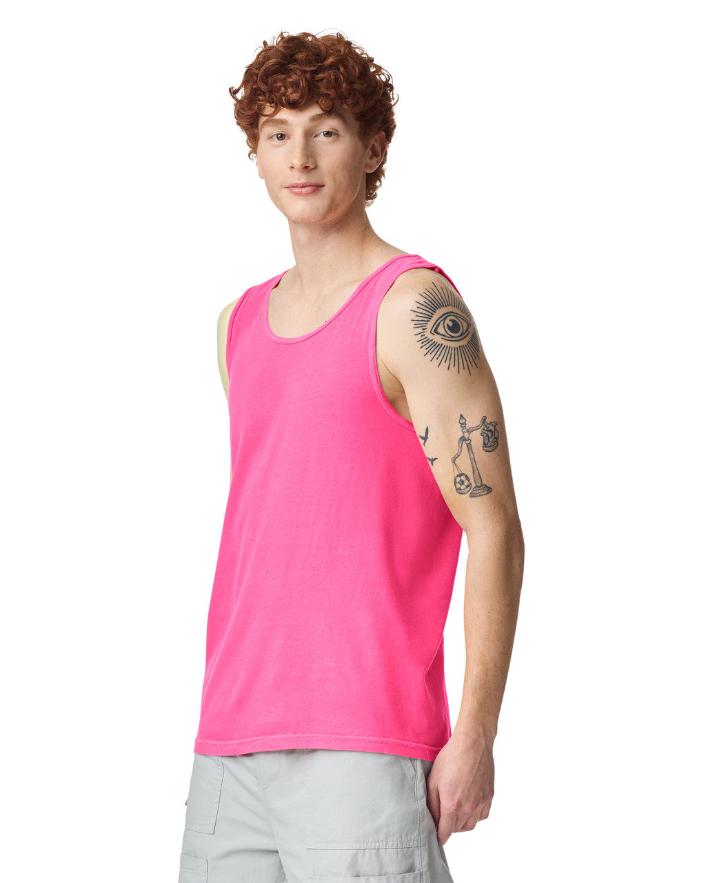 Comfort Colors 9360 Unisex Garment-Dyed Heavyweight Tank Top - Neon Pink - model side