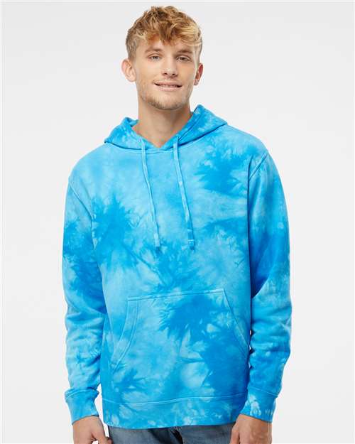 Independent Trading Co. PRM4500TD Unisex Midweight Tie-Dyed Hooded Sweatshirt - Tie Dye Aqua Blue - model front