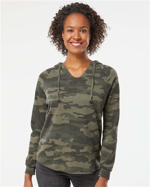 Independent Trading Co. PRM2500 Women’s Lightweight California Wave Wash Hooded Sweatshirt - Forest Camo Heather - model front