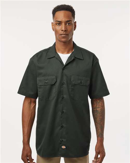 Dickies 2574 Men's Short Sleeve Work Shirt - Olive Green - model front