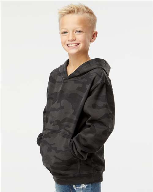 Independent Trading Co. SS4001Y Youth Midweight Hooded Sweatshirt - Black Camo - model side
