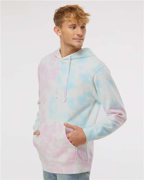 Independent Trading Co. PRM4500TD Unisex Midweight Tie-Dyed Hooded Sweatshirt - Tie Dye Cotton Candy - model side
