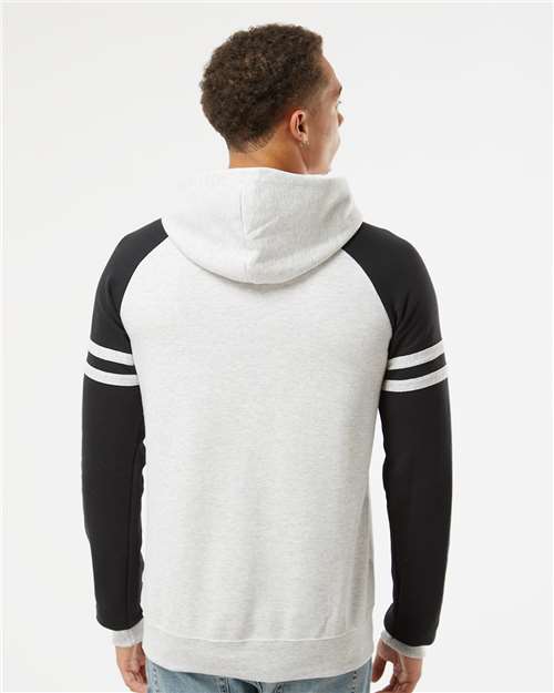 Jerzees 97CR Unisex Nublend Varsity Colorblocked Raglan Hooded Sweatshirt - Oatmeal Heather/ Black Ink - model back