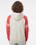 Jerzees 97CR Unisex Nublend Varsity Colorblocked Raglan Hooded Sweatshirt - Oatmeal Heather/ Fiery Red Heather - model back
