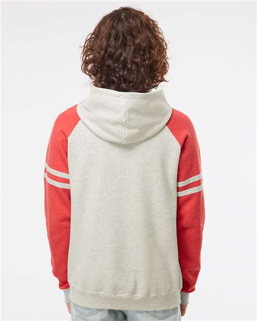 Jerzees 97CR Unisex Nublend Varsity Colorblocked Raglan Hooded Sweatshirt - Oatmeal Heather/ Fiery Red Heather - model back