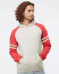 Jerzees 97CR Unisex Nublend Varsity Colorblocked Raglan Hooded Sweatshirt - Oatmeal Heather/ Fiery Red Heather - model front