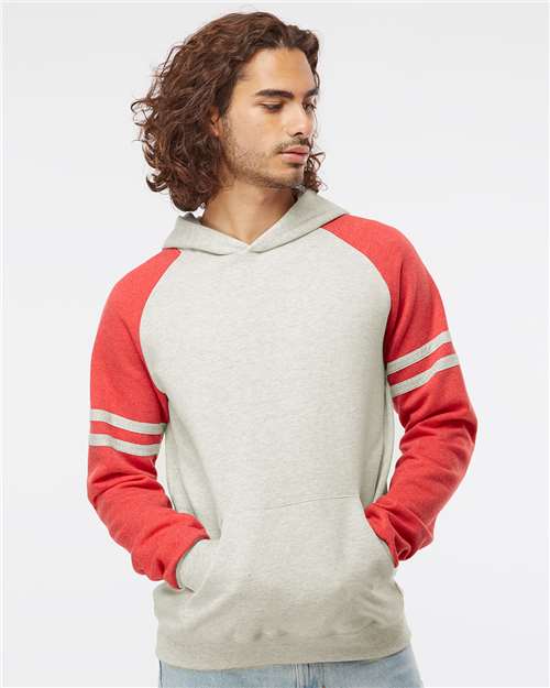Jerzees 97CR Unisex Nublend Varsity Colorblocked Raglan Hooded Sweatshirt - Oatmeal Heather/ Fiery Red Heather - model front