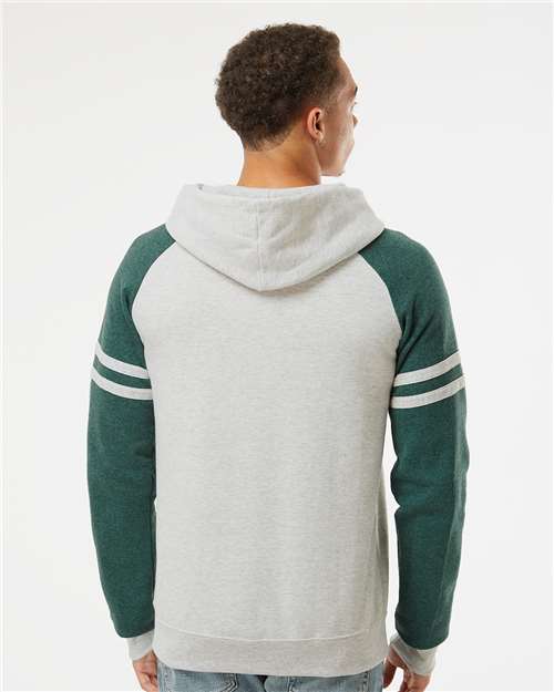 Jerzees 97CR Unisex Nublend Varsity Colorblocked Raglan Hooded Sweatshirt - Oatmeal Heather/ Forest Green Heather - model back