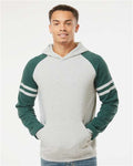 Jerzees 97CR Unisex Nublend Varsity Colorblocked Raglan Hooded Sweatshirt - Oatmeal Heather/ Forest Green Heather - model front