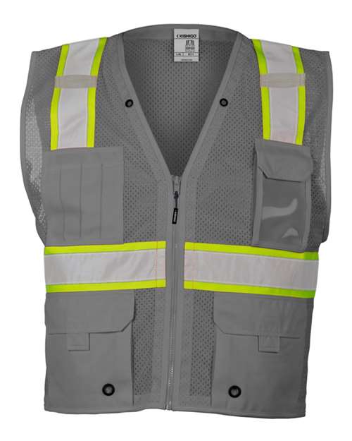 Kishigo B100-111 Unisex EV Series Enhanced Visibility Multi-Pocket Mesh Vest - Grey/ Lime - B111 - front