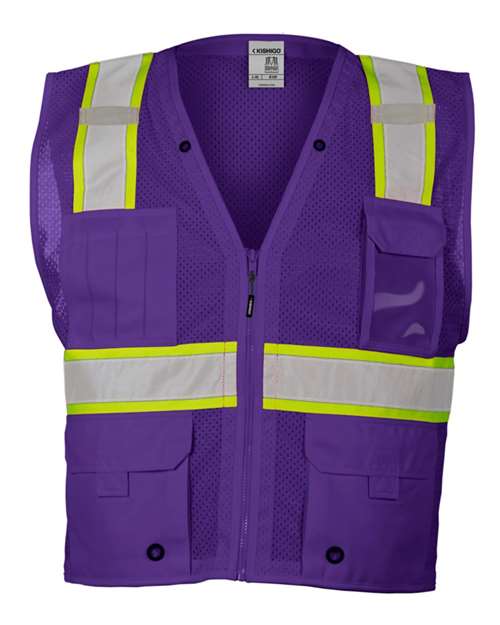 Kishigo B100-111 Unisex EV Series Enhanced Visibility Multi-Pocket Mesh Vest - Purple/ Lime - B109 - front