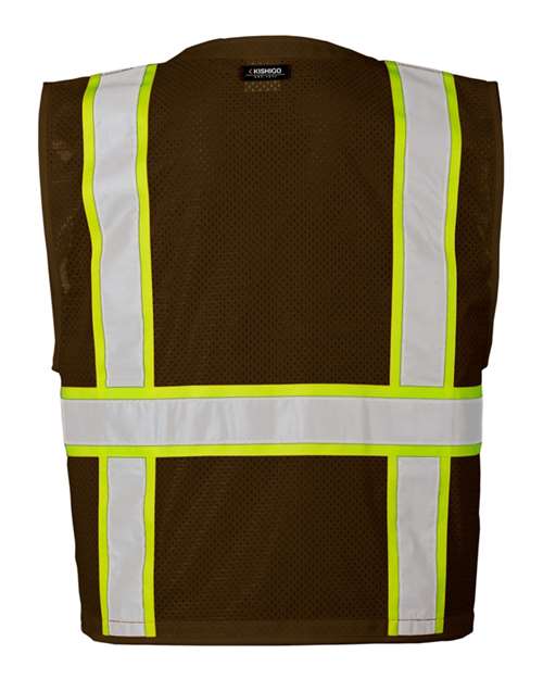 Kishigo B100-111 Unisex EV Series Enhanced Visibility Multi-Pocket Mesh Vest - Brown/ Lime - B108 - back