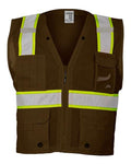 Kishigo B100-111 Unisex EV Series Enhanced Visibility Multi-Pocket Mesh Vest - Brown/ Lime - B108 - front