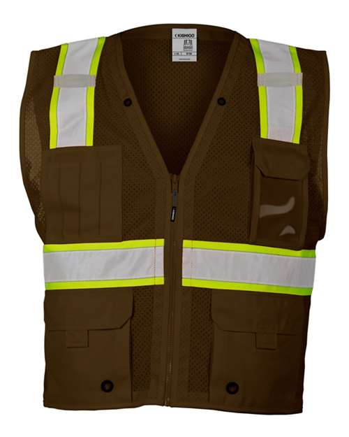 Kishigo B100-111 Unisex EV Series Enhanced Visibility Multi-Pocket Mesh Vest - Brown/ Lime - B108 - front