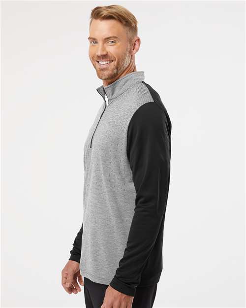 Adidas A522 Men's Ultimate365 Heather Block Print Quarter-Zip Pullover - Black Melange/ Black/ Grey Three - model side