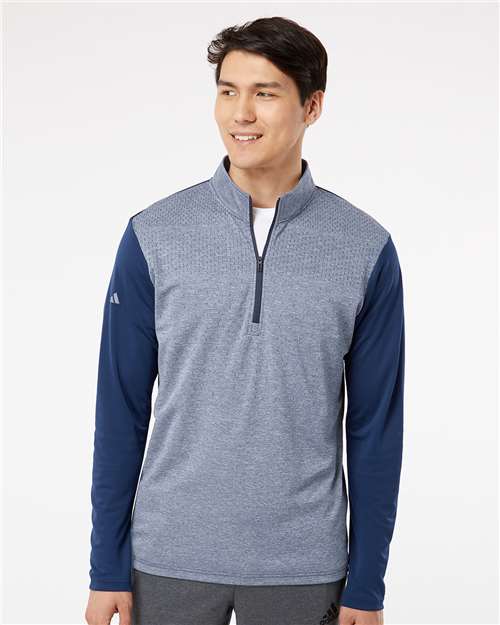 Adidas A522 Men's Ultimate365 Heather Block Print Quarter-Zip Pullover - Collegiate Navy Melange/ Navy/ Grey Three - model front
