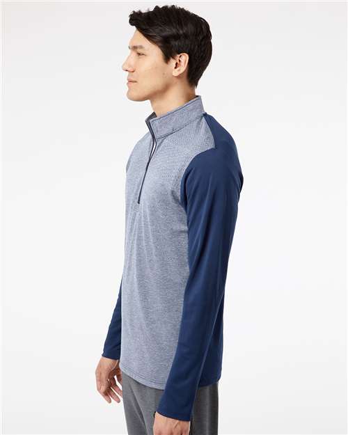 Adidas A522 Men's Ultimate365 Heather Block Print Quarter-Zip Pullover - Collegiate Navy Melange/ Navy/ Grey Three - model side