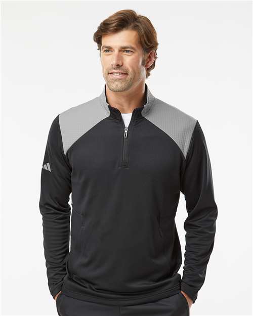 Adidas A532 Men's Textured Mixed Media Quarter-Zip Pullover - Black/ Grey Three - model front