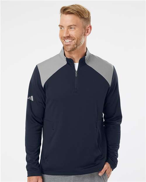 Adidas A532 Men's Textured Mixed Media Quarter-Zip Pullover - Collegiate Navy/ Grey Three - model front