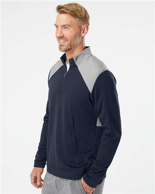Adidas A532 Men's Textured Mixed Media Quarter-Zip Pullover - Collegiate Navy/ Grey Three - model side