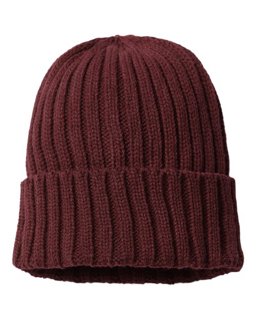 Atlantis Headwear SHORE Sustainable Cable Knit Cuffed Beanie - Burgundy - front