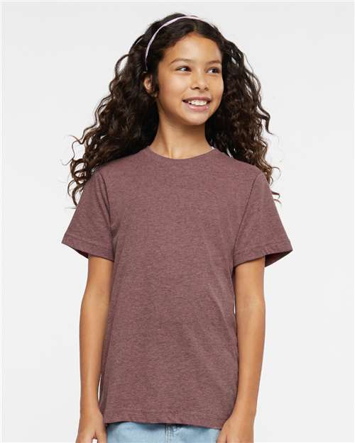 LAT 6101 Youth Fine Jersey Tee - Sangria Blackout - model front