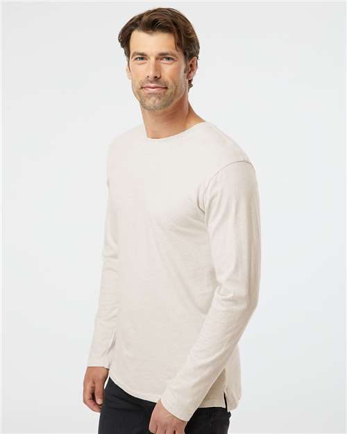 LAT 6918 Unisex Fine Jersey Long Sleeve Tee - Natural Heather - model side