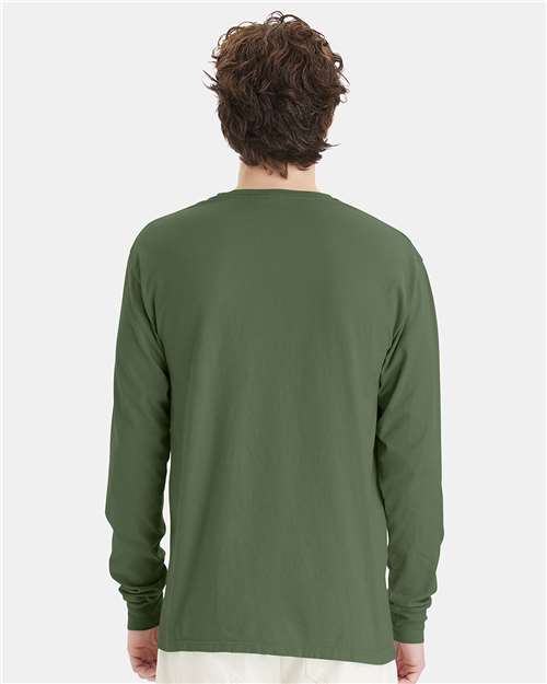 Hanes GDH200 Unisex Garment-Dyed Long Sleeve T-Shirt - Moss - model back